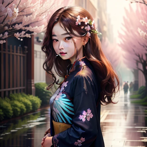 masterpiece, extremely detailed CG unity 8k wallpaper, 1girl, beautiful, realistic, blurry, blurry_background, blurry_foreground, (a young girl standing in front of a tree falling flowers),(a rainy day),(falling flowers),(a pair of swallows flying), branch, brown_hair, plum blossom, depth_of_field, earrings, flower, jewelry, nose, realistic, solo, Chinese clothes, fingers hidden, arms hidden,Hair hanging on the chest