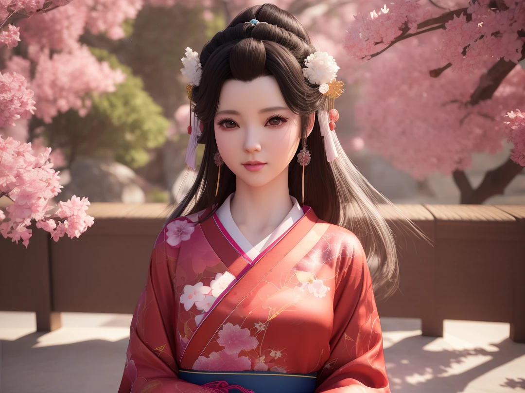there is a woman in a kimono dress standing under a tree, palace ， a girl in hanfu, trending on cgstation, artwork in the style of guweiz, realistic anime 3 d style, 3 d anime realistic, beautiful digital artwork, chinese girl, 3 d render character art 8 k, a beautiful fantasy empress, guweiz, hanfu