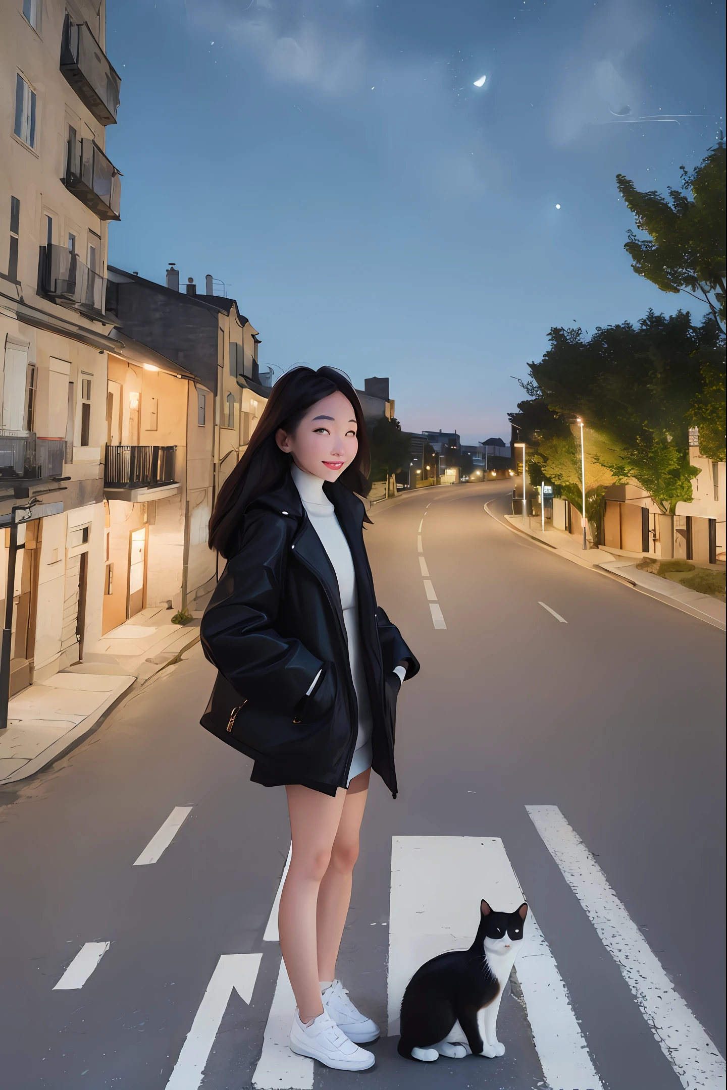 sam yang,
1girl, architecture, bag, building, cat, evening, full body, handbag, night, night sky, outdoors, outstretched arm, road, road sign, scenery, sign, sky, solo, standing, stone floor, street, white footwear, window
, ((masterpiece))