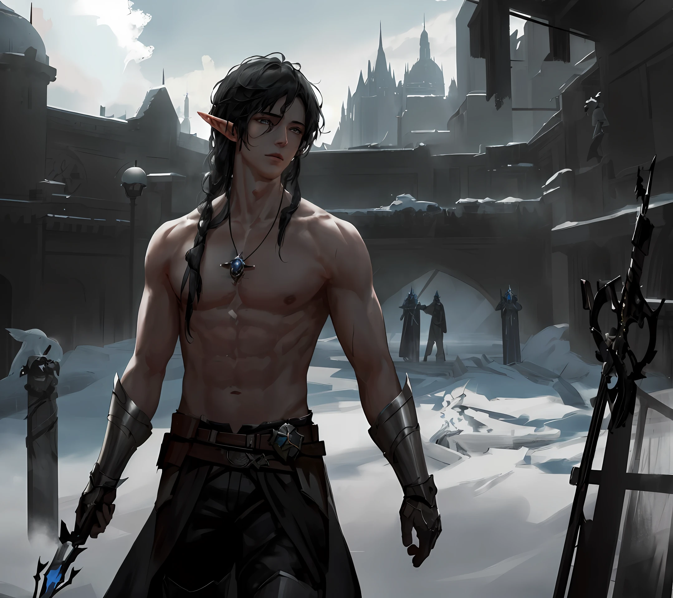 [hyper realistic:(unreal engine):realistic:,0.5,0.99], handsome 1 boy,(handsome face),(Sky), clouds (dark magic: 1.2), elf prince, mature, domineering,(muscular) knight Clothing, Oiled Skin, Upper Body, Looking at Viewer, Long Hair, Black Hair, (Volume Lighting), Atmospheric Perspective, Dust Particles, Light Shaft, (e_foxy: 0.7), m_wlop, (e_landscape: 0.7 )