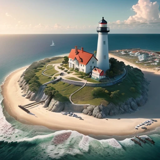(8k, RAW photos, best quality, proficiency: 1.2), (fidelity, reuthentic: 1.37), an island scene at an angle of 45 degrees, concept drawing, layout drawing, forest, connecting bridge, coastal lighthouse, shopping market, an abandoned Military bases, fishermen's huts, shipwrecks