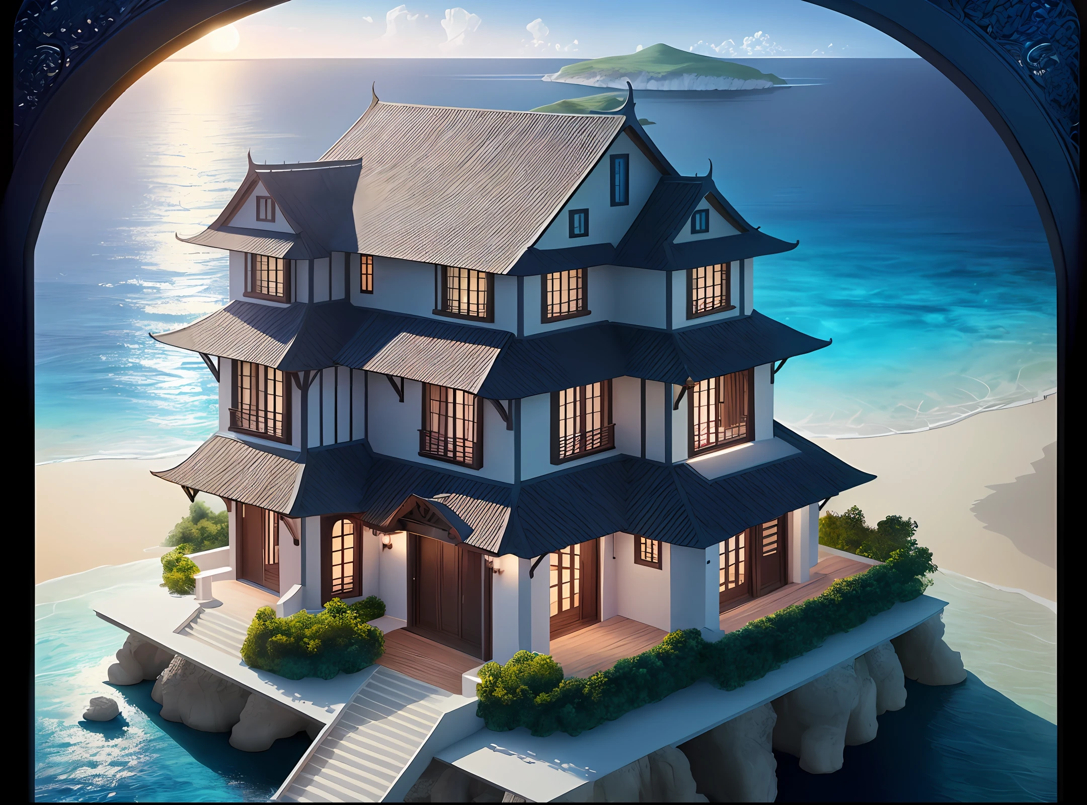 An island with a two-storey villa on a blue sea, film style, moonlight, panorama, architectural rendering, detail, award winning, masterpiece, highest quality