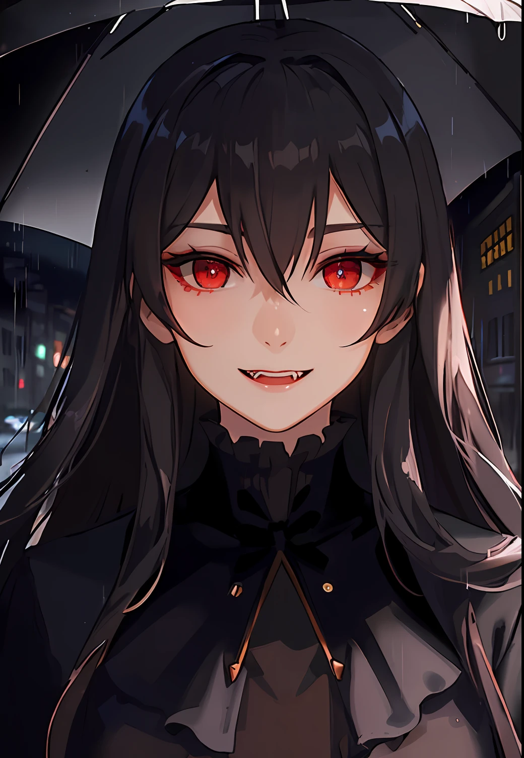 Highest quality, illustration, {beautiful detail girl}, beautiful glow in detail, cross-dressing beauty, (dark suit), sunglasses, laughter, fangs removed, vampire, red eyes, rainy street corner, rain, detailed lighting, detailed Water, (eyes with beautiful details: 1.1), expressionless palace, cropped hair, disheveled hair, long bangs, hair between the eyes, top half,