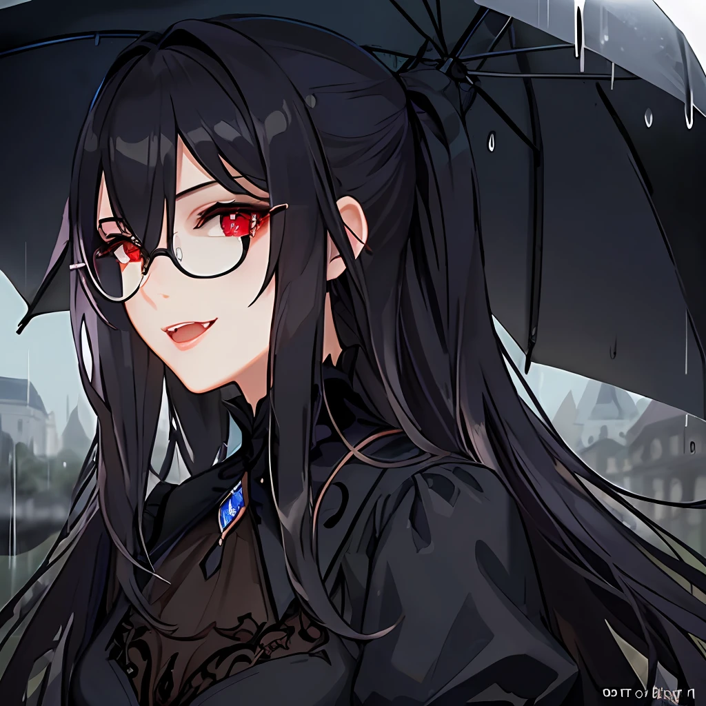 Masterpiece, top quality, illustration, {beautiful detail girl}, detailed glow, crossdressing beauty, (dark suit), sunglasses, laughter, fangs removed, vampire, red eyes, rainy street corner, rain, detailed lighting, detailed water, (beautiful detail eyes: 1.1), expressionless palace, azure hair, disheveled hair, long bangs, hair between the eyes, upper half,