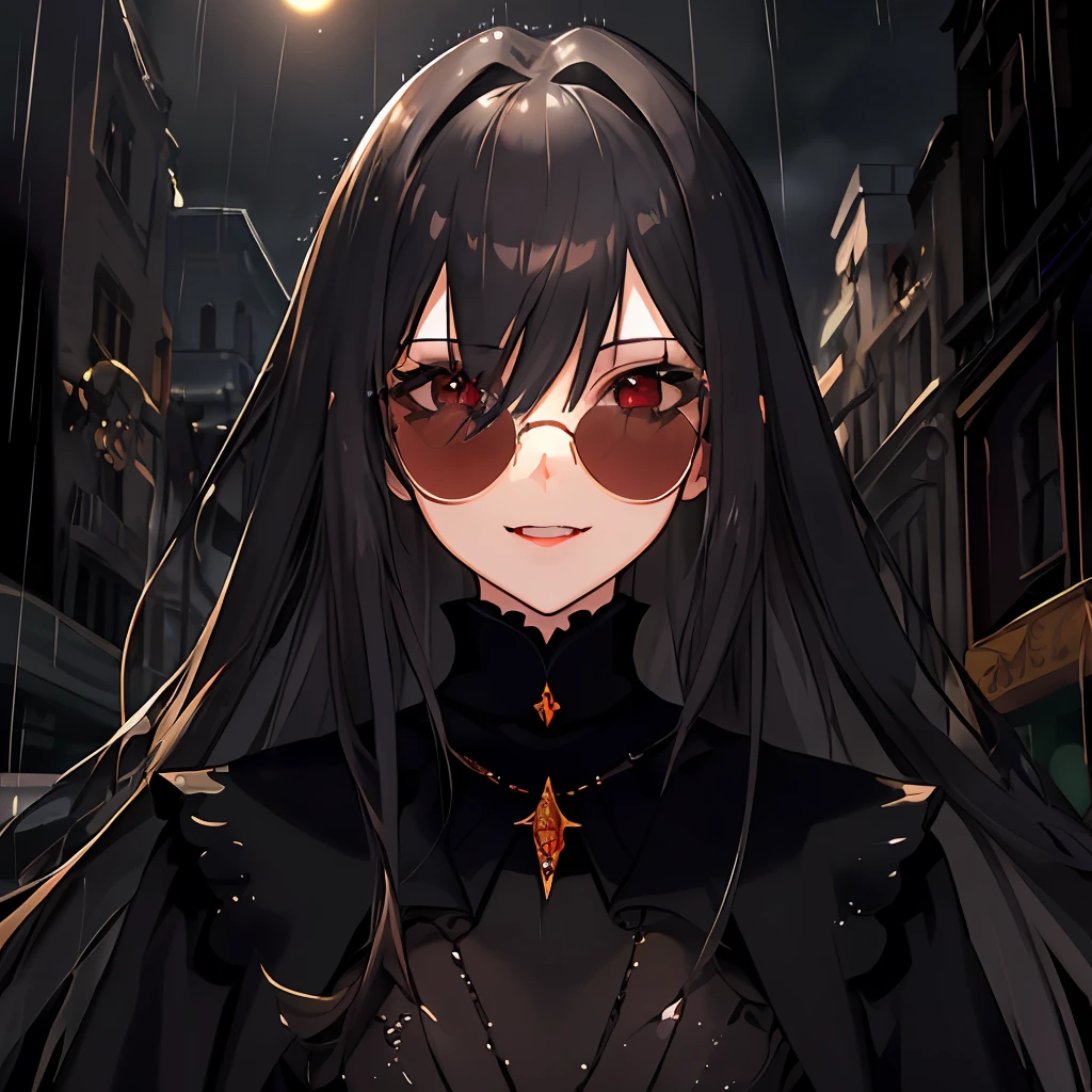 Masterpiece, top quality, illustration, {beautiful detail girl}, detailed glow, crossdressing beauty, (dark suit), sunglasses, laughter, fangs removed, vampire, red eyes, rainy street corner, rain, detailed lighting, detailed water, (beautiful detail eyes: 1.1), expressionless palace, azure hair, disheveled hair, long bangs, hair between the eyes, upper half,