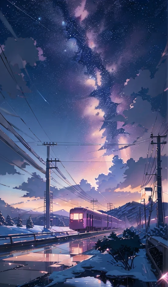 (((Makoto Shinkai style)),pixiv,anime drawing,high quality,pink purple sky,beautiful scene),(universe,train passing,magical realism,((makoto shinkai style)) ::0.8), [Artistic Atmosphere, Atmosphere:0.8, Starry Sky, Hills, Snow Mountain, Sparkling Water, Grass, Trees, Smoke, Stars, Low Angle of View, Specular Scattering,
