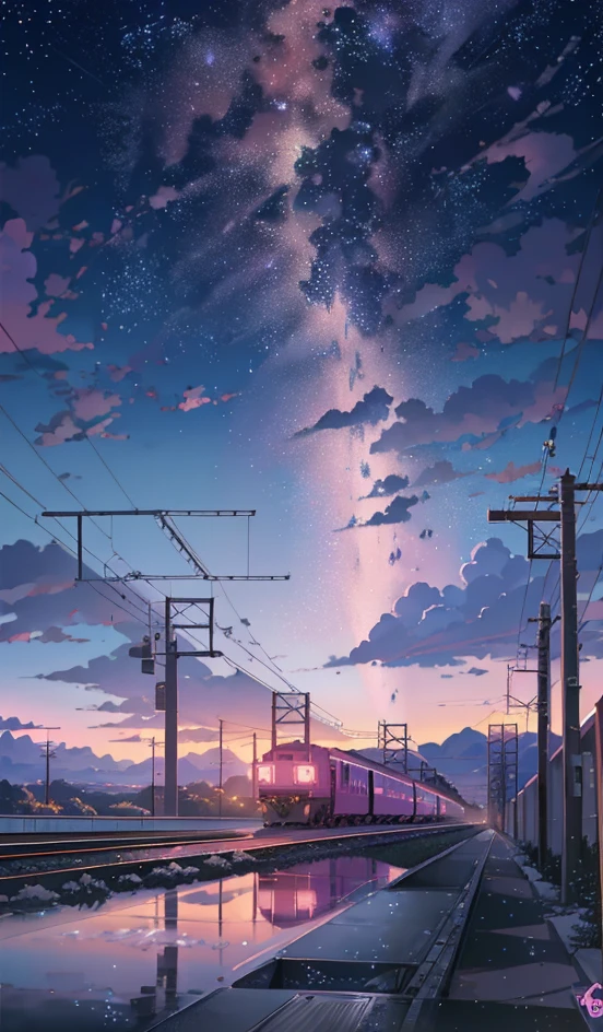 anime scene of a train passing under a pink and purple sky, an anime drawing by Makoto Shinkai, trending on pixiv, magical realism, beautiful anime scene, cosmic skies. by makoto shinkai, ( ( makoto shinkai ) ), by makoto shinkai, anime background art, style of makoto shinkai