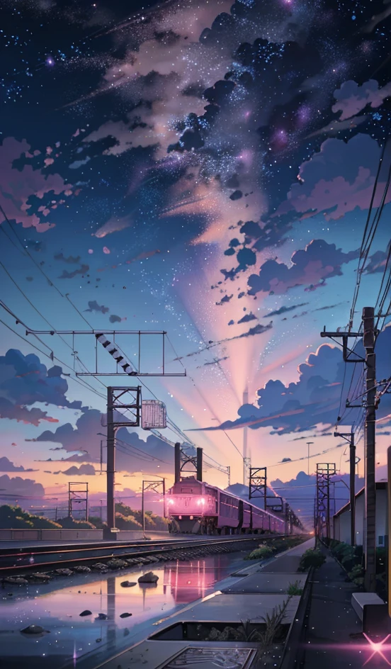 anime scene of a train passing under a pink and purple sky, an anime drawing by Makoto Shinkai, trending on pixiv, magical realism, beautiful anime scene, cosmic skies. by makoto shinkai, ( ( makoto shinkai ) ), by makoto shinkai, anime background art, style of makoto shinkai