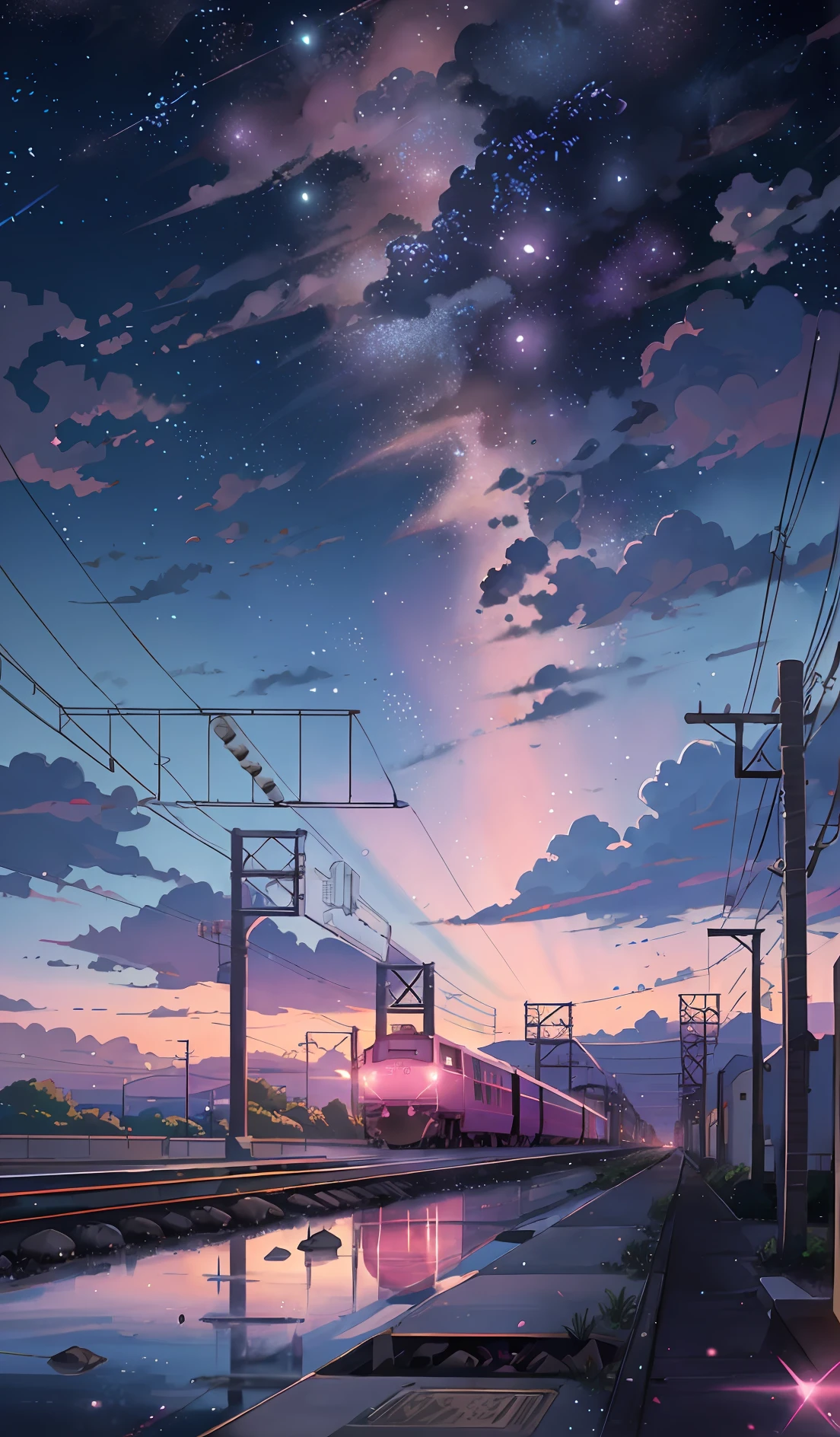 anime scene of a train passing under a pink and purple sky, an anime drawing by Makoto Shinkai, trending on pixiv, magical realism, beautiful anime scene, cosmic skies. by makoto shinkai, ( ( makoto shinkai ) ), by makoto shinkai, anime background art, style of makoto shinkai