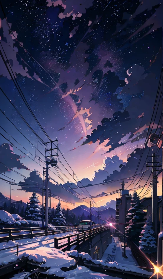 (((Makoto Shinkai style)),pixiv,anime drawing,high quality,pink purple sky,beautiful scene),(universe,train passing,magical realism,((makoto shinkai style)) ::0.8), [Artistic Atmosphere, Atmosphere:0.8, Starry Sky, Hills, Snow Mountain, Sparkling Water, Grass, Trees, Smoke, Stars, Low Angle of View, Specular Scattering,