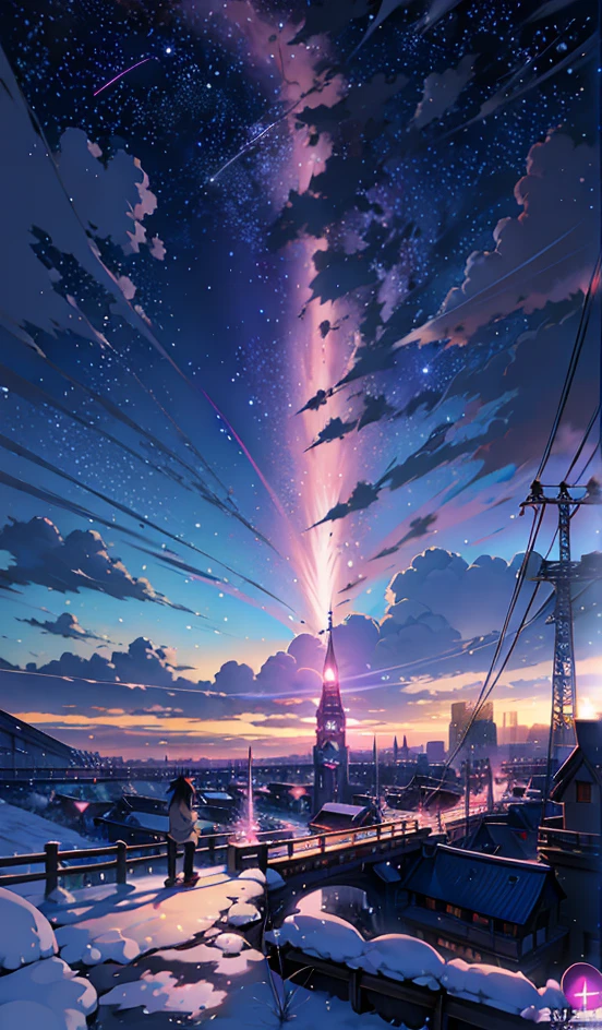anime scenery of a city with a tower and a person walking on a snowy path, cosmic skies. by makoto shinkai, beautiful anime scene, makoto shinkai cyril rolando, anime background art, beautiful anime scenery, anime art wallpaper 4k, anime art wallpaper 4 k, 4k anime wallpaper, anime wallpaper 4 k, anime wallpaper 4k