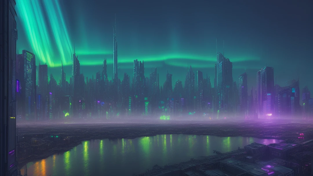 (samdoesarts:1.3), nvinkpunk, realistic cyberpunk landscape, nova, lens flare, northern lights, cityscape, painting, thick line