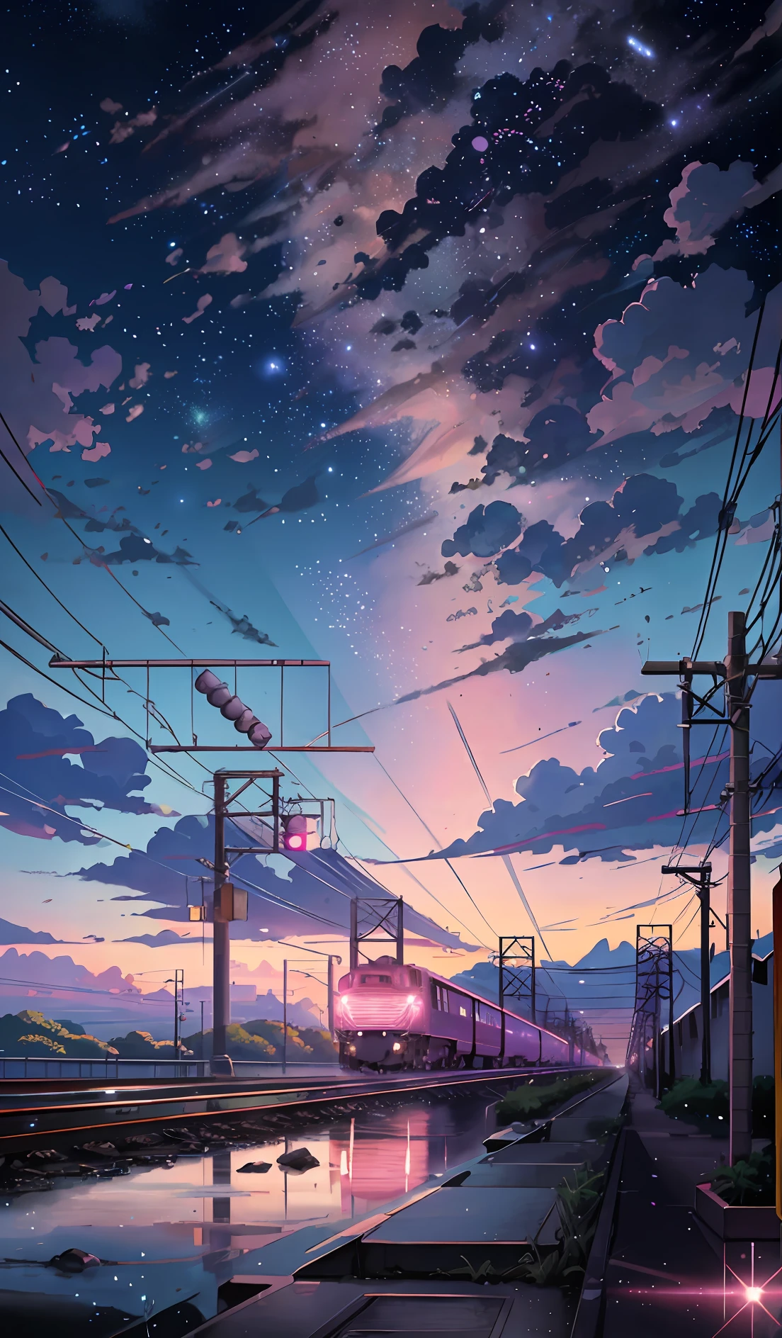 Anime scene with train passing under pink and purple sky, anime drawing by Makoto Shinkai, trending on pixiv, magic realism, beautiful anime scene, cosmic sky. by makoto shinkai, ( ( makoto shinkai ) ), by makoto shinkai, anime background art, makoto shinkai style. Detail enhancement, perfect detail processing.