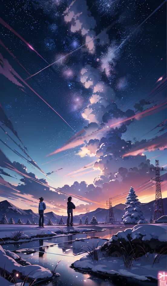 An anime scene of two people standing on a snowy field with the sky in the background, inspired by Makoto Shinkai's anime drawings, trending on pixiv, concept art, Cosmos Sky. Author: Makoto Shinkai, beautiful anime scene, Makoto Shinkai Cyril Rolando, anime art wallpaper 4k, anime art wallpaper 4k, anime sky, anime beautiful peaceful field ((((Makoto Shinkai style)), pixiv, anime drawing, High resolution, pink sky, beautiful scene), (universe, train passing, magic realism, ((makoto shinkai style)) ::0.8), [art atmosphere, atmosphere:0.8, starry sky, hills, snow mountain , Sparkling Water, Grass, Trees, Smoke, Stars, Low View Angle, Specular Light Scattering,