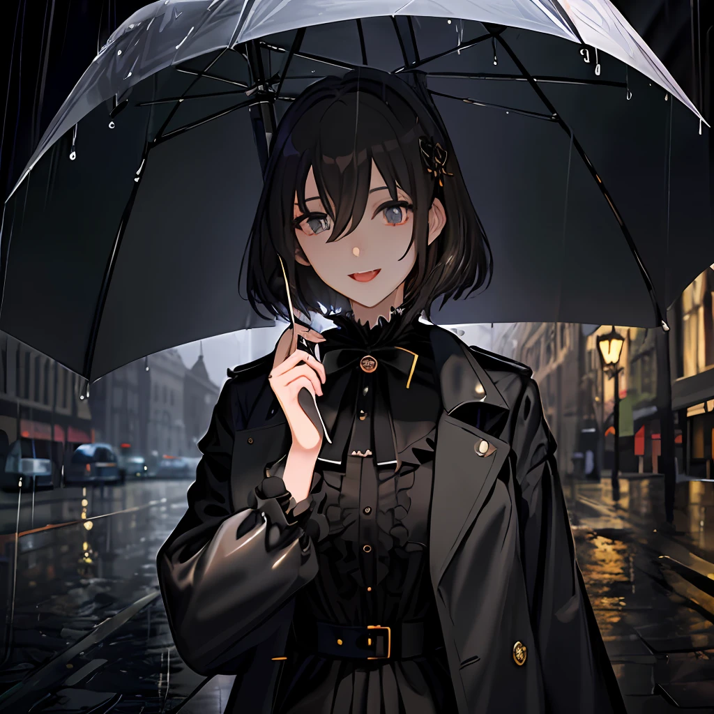 Masterpiece, top quality, illustration, {beautiful detail girl}, beautiful glow in detail, crossdressing beauty, (black jacket and trench coat), sunglasses, laughter, fangs removed, vampire, indigo eyes, rainy street corner, rain, detailed lighting, detailed water, (beautiful detailed eyes: 1.1), expressionless palace, (short hair), long bangs, hair between the eyes, top half,