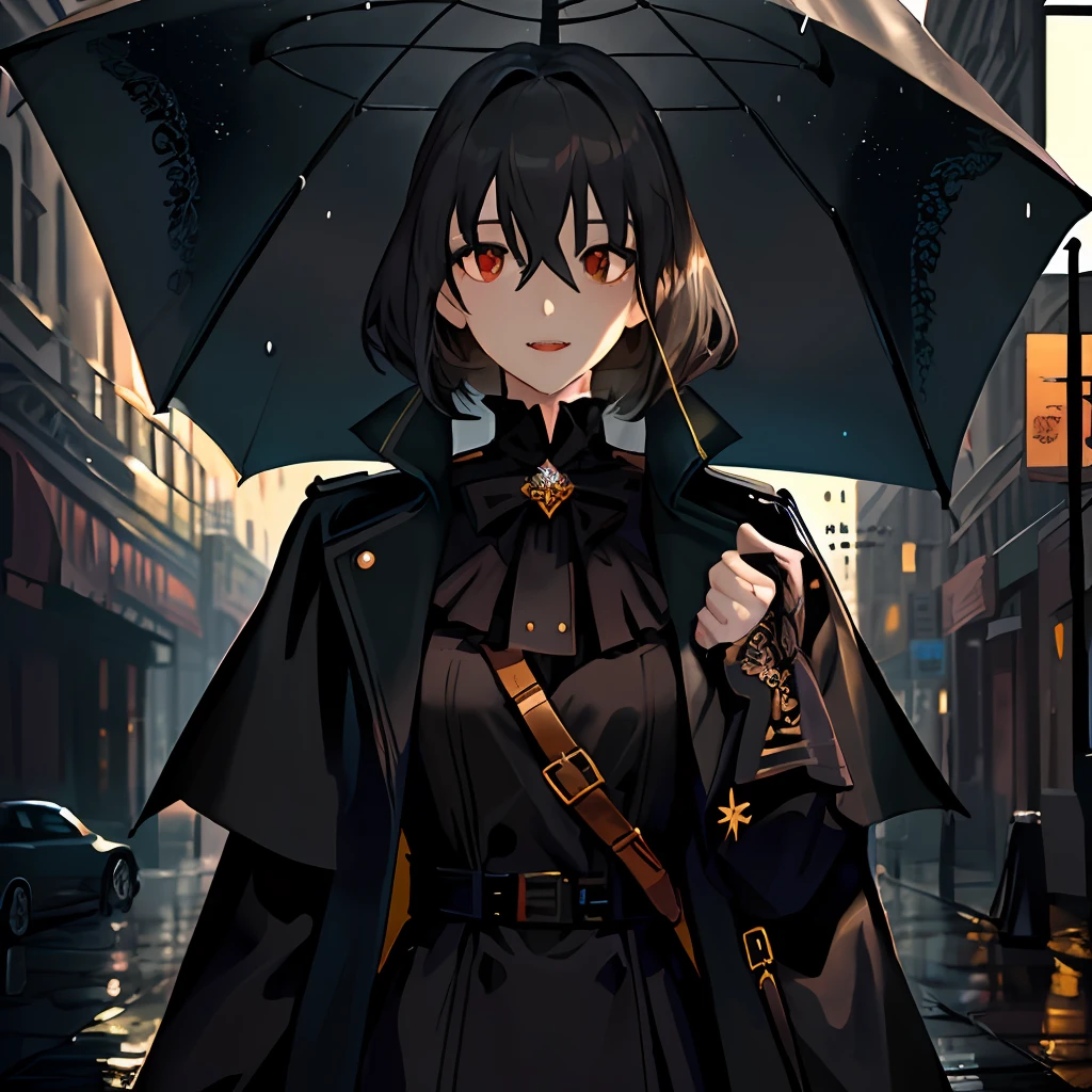 Masterpiece, top quality, illustration, {beautiful detail girl}, beautiful glow in detail, crossdressing beauty, (black jacket and trench coat), sunglasses, laughter, fangs removed, vampire, indigo eyes, rainy street corner, rain, detailed lighting, detailed water, (beautiful detailed eyes: 1.1), expressionless palace, (short hair), long bangs, hair between the eyes, top half,