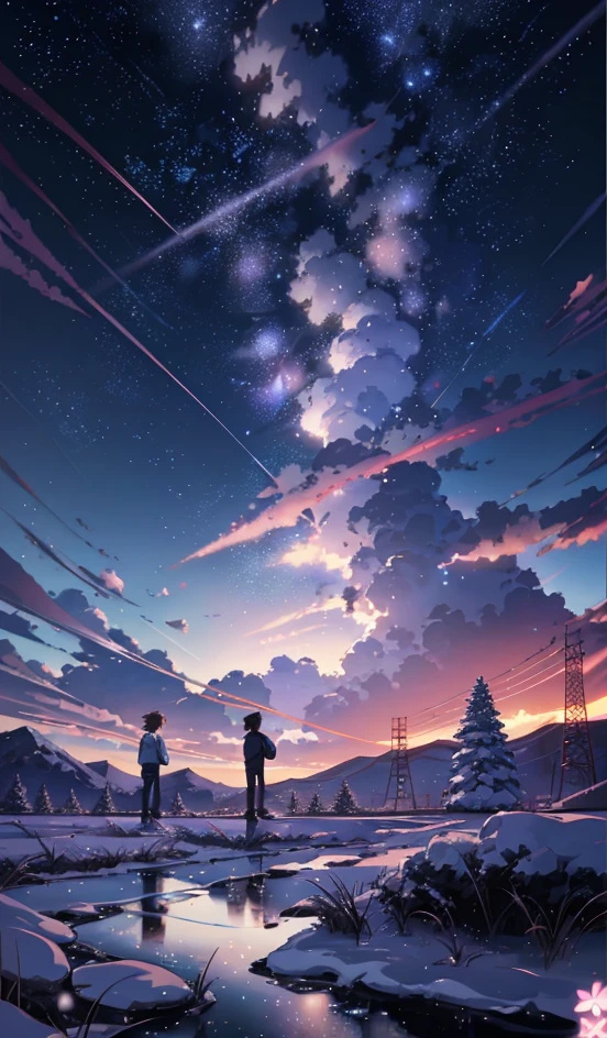 An anime scene of two people standing on a snowy field with the sky in the background, inspired by Makoto Shinkai&#39;s anime drawings, trending on pixiv, concept art, Cosmos Sky. Author: Makoto Shinkai, beautiful anime scene, Makoto Shinkai Cyril Rolando, anime art wallpaper 4k, anime art wallpaper 4k, anime sky, anime beautiful peaceful field ((((Makoto Shinkai style)), pixiv, anime drawing, High resolution, pink sky, beautiful scene), (universe, train passing, magic realism, ((makoto shinkai style)) ::0.8), [art atmosphere, atmosphere:0.8, starry sky, hills, snow mountain , Sparkling Water, Grass, Trees, Smoke, Stars, Low View Angle, Specular Light Scattering,