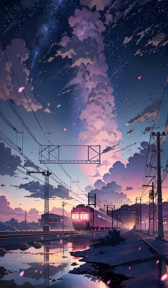 Anime scene with train passing under pink and purple sky, anime drawing by Makoto Shinkai, trending on pixiv, magic realism, beautiful anime scene, cosmic sky. by makoto shinkai, ( ( makoto shinkai ) ), by makoto shinkai, anime background art, makoto shinkai style with enhanced details.