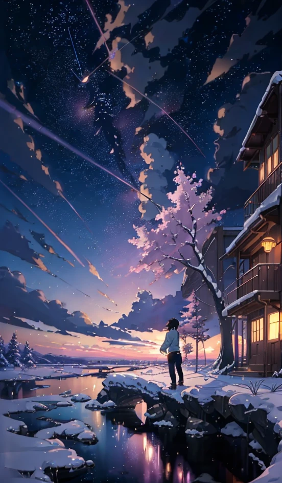 (((Makoto Shinkai style)),pixiv,anime drawing,high quality,pink purple sky,beautiful scene),(universe,train passing,magical realism,((makoto shinkai style)) ::0.8), [Artistic Atmosphere, Atmosphere:0.8, Starry Sky, Hills, Snow Mountain, Sparkling Water, Grass, Trees, Smoke, Stars, Low Angle of View, Specular Scattering,