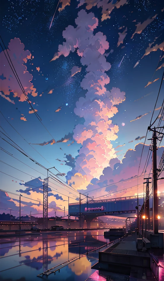anime scene of a train passing under a pink and purple sky, an anime drawing by Makoto Shinkai, trending on pixiv, magical realism, beautiful anime scene, cosmic skies. by makoto shinkai, ( ( makoto shinkai ) ), by makoto shinkai, anime background art, style of makoto shinkai