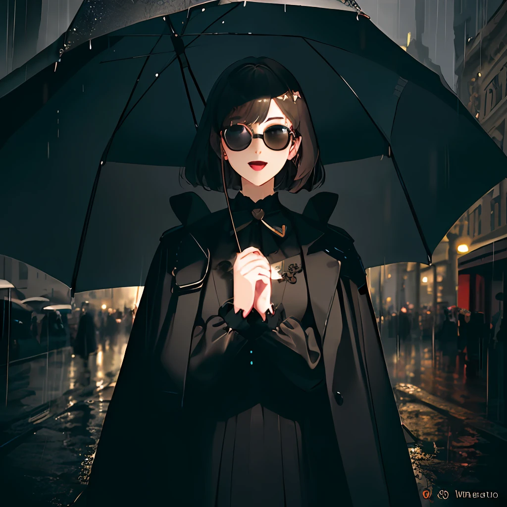 Masterpiece, top quality, illustration, {beautiful detail girl}, beautiful glow in detail, crossdressing beauty, (black jacket and trench coat), sunglasses, laughter, fangs removed, vampire, indigo eyes, rainy street corner, rain, detailed lighting, detailed water, (beautiful detailed eyes: 1.1), expressionless palace, (short hair), long bangs, hair between eyes, top half