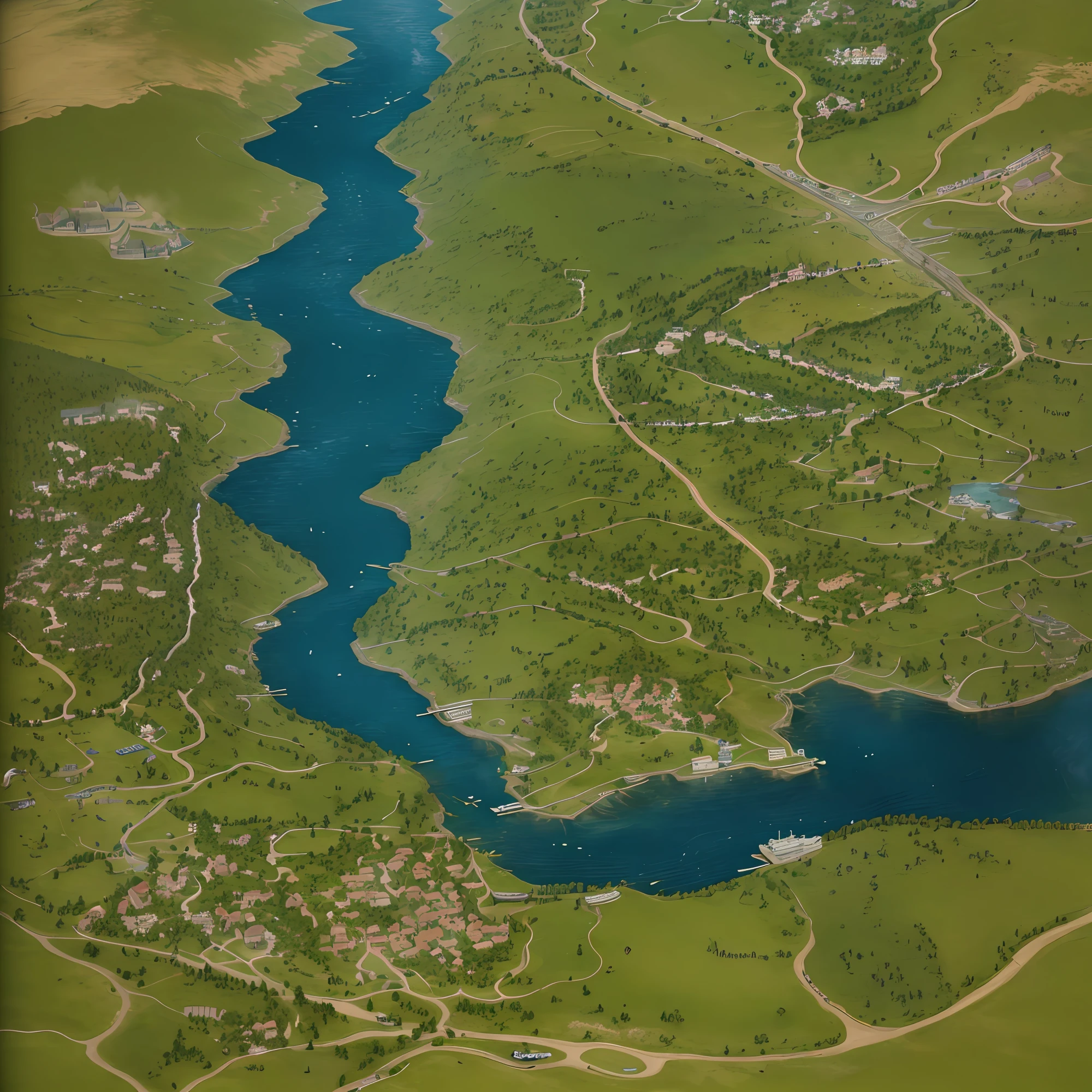 a close up of a map of a river and a small town, game map, waterways, massive river, twisted waterway, detailed lake in background, in game graphic, detailed scenery —width 672, steam workshop maps, river in the background, blue river in the middle, wide river and lake, winding rivers, great river, floodplains, ingame