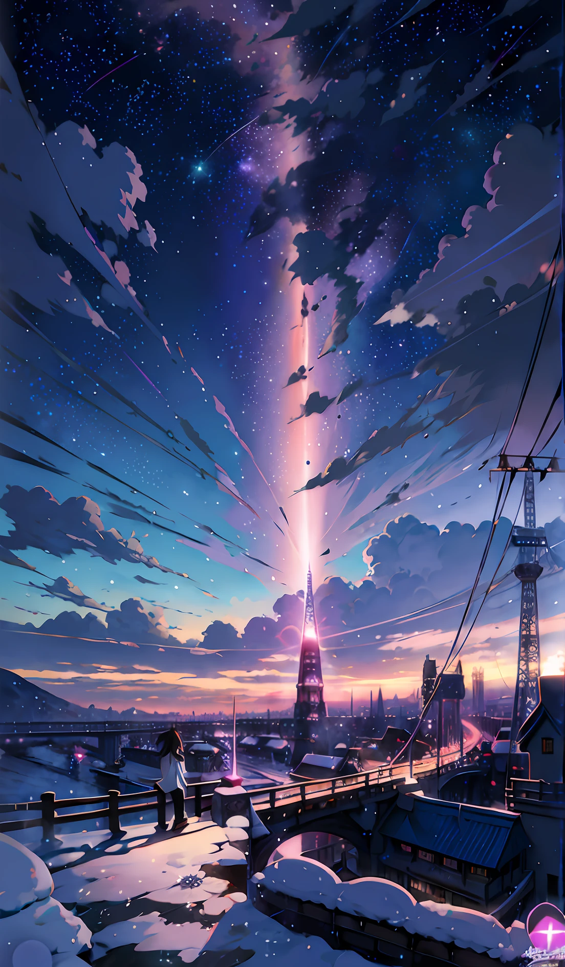 anime scenery of a city with a tower and a person walking on a snowy path, cosmic skies. by makoto shinkai, beautiful anime scene, makoto shinkai cyril rolando, anime background art, beautiful anime scenery, anime art wallpaper 4k, anime art wallpaper 4 k, 4k anime wallpaper, anime wallpaper 4 k, anime wallpaper 4k