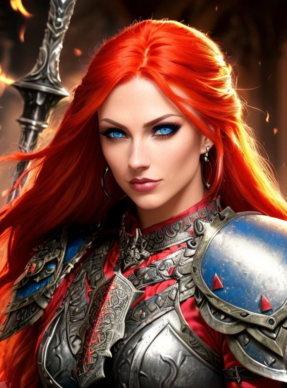 - (Beautiful Dungeons and Dragons style with perfect details, carrying the heroic breath of the ancient warhammer, a brave and beautiful female warrior, dressed in plate armor, red hair and light skin, dark blue eyes, holding a giant sword , exuding a firm color, bust): 0.8, high-definition and flawless, allowing you to be on the scene.