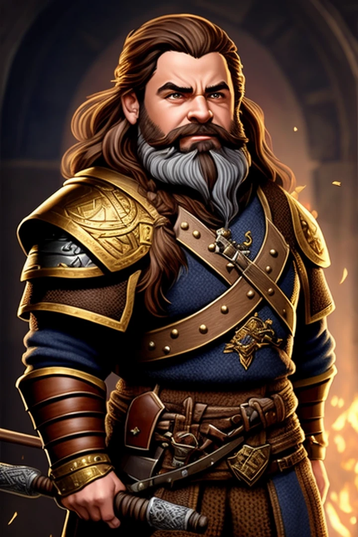&quot;(Bust: 1.3, Sledgehammer, Paladin, Iron Armor, Golden Badge: 1.05, Middle Ages, Dungeons and Dragons), [((brown hair)| (brown long beard), light skin, (giant dwarf) , knight, venerable, full of glory, courage, detail of building or scene]&quot;