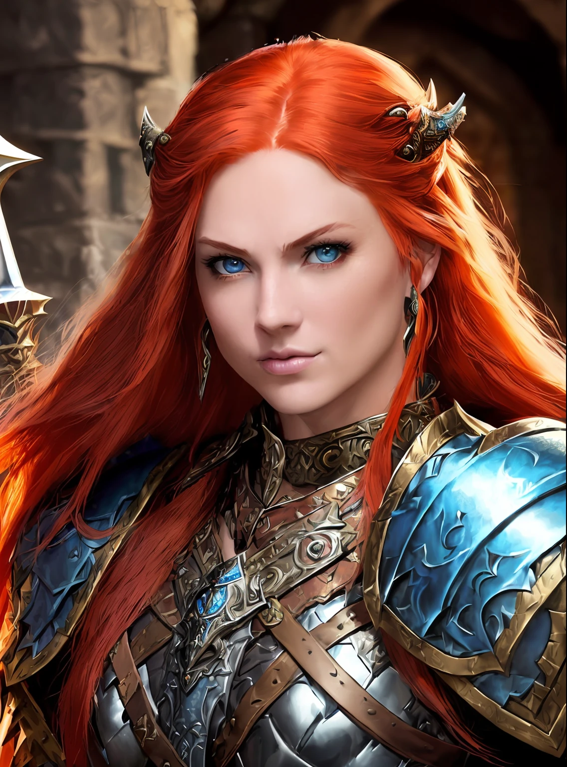 ((Perfect reproduction of the style of Dungeons and Dragons, the heroic breath of the ancient warhammer)), (young female warrior, wearing solid plate armor, perfect blend of red hair and light complexion, dark blue eyes, holding a giant sword, full of firmness, half body Image): (0.8), high-definition flawless, perfect presentation of details.