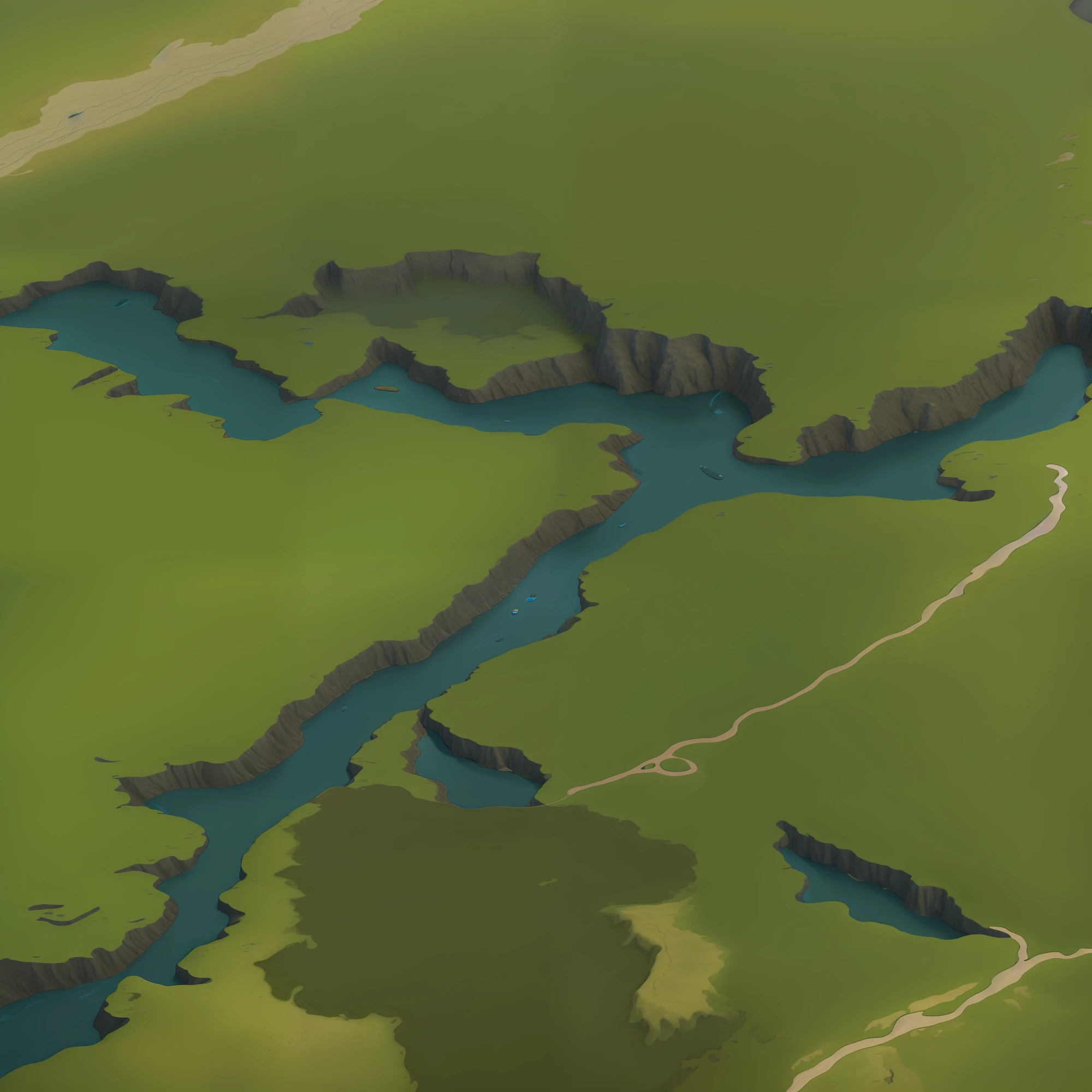 8K, HD photo quality, highest quality, cinematic movie still image, a river running through lush green fields, twisting river course, wide river and lake, huge river, great river, meandering river, a river running through It, rivers and lakes, rivers in the background, huge rivers, waterways, detailed scenery - width 672, simple fantasy map, highly detailed map, blue river in the middle, cliffs, cliffs, river beaches, changeable The topography and landforms are rich in landforms, magnificent rivers and mountains, strong contrast, and calm tones