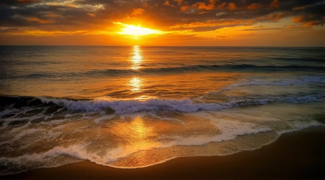 arafed view of a sunset over the ocean with waves, which shows a beach at sunset, sunset at the beach, the most beautiful sunset, beach sunset background, sunset on the beach, golden sunset, on the beach during sunset, at the beach on a sunset, golden hour time, at the golden hour, at a beautiful sunset, in a golden sunset sky