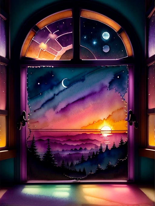 Sunset Window Clip Art, Watercolor Window Fantasy Window, beautiful, Bastardcore, Glowwave, Polaroid, Houdini rendering, Faded, Tapestry, plum colors, Gothic , moon lighting, Hyper realistic, dramatic shadows, film noir style, 4k
