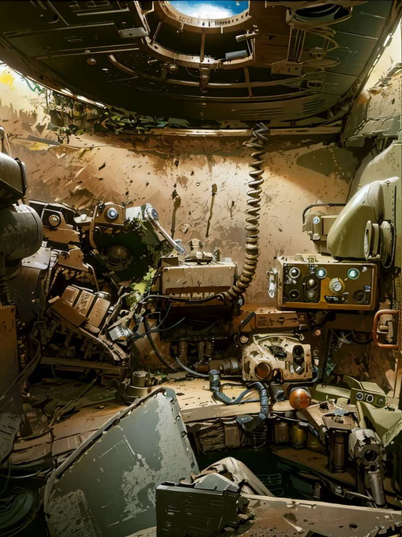 there is a very old looking machine in a very dirty space, inside abandoned space ship, cockpit, cockpit view, in a crashed spaceship, bottom angle, bottom - view, wrecked technology, tank interior.