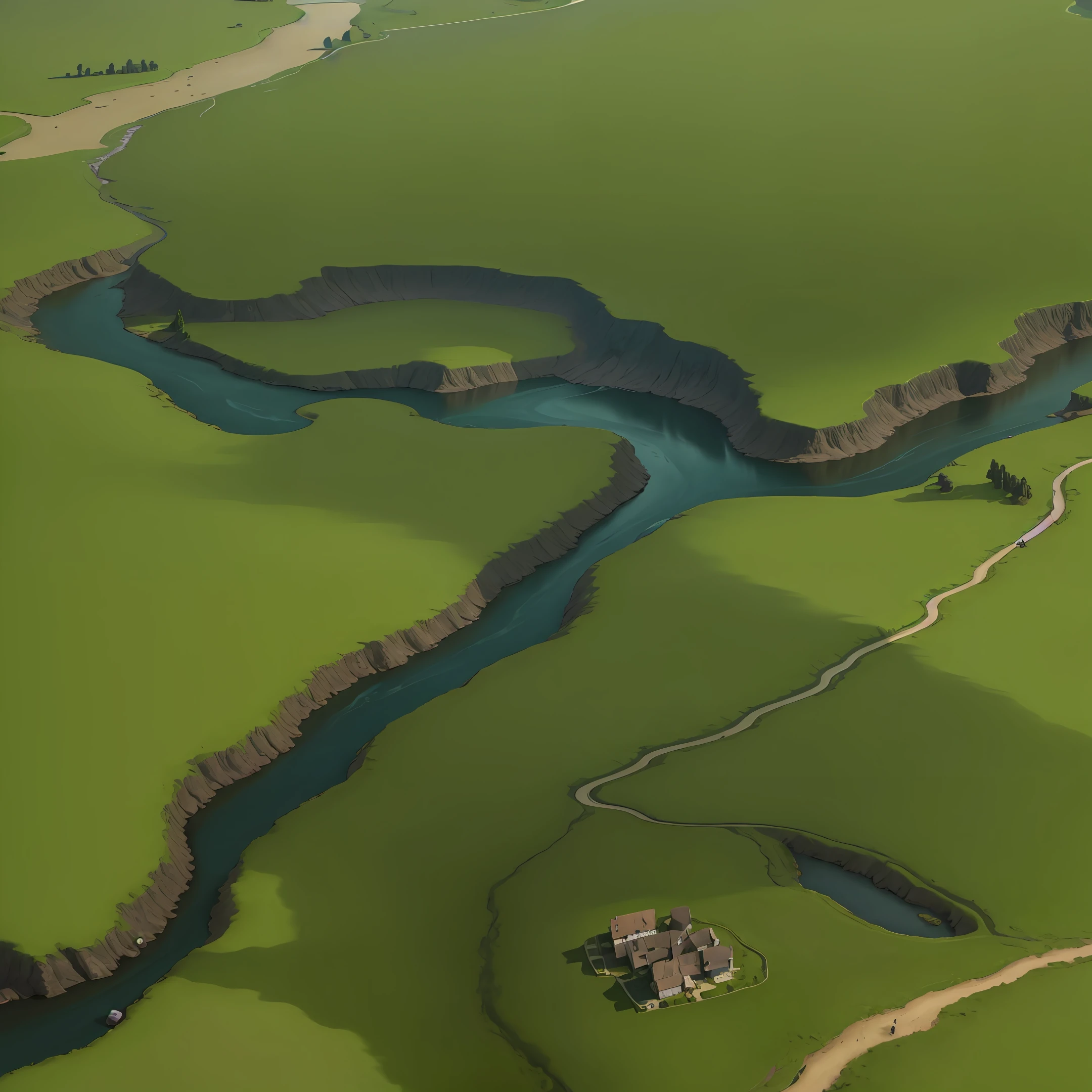 There is a digital painting picture of a river, meandering river, twisting waterways, a river running through it, huge river, very detailed! , flowing hills, river delta, river in the background, huge river, river runs through the middle, background lake detail, water channel, big river, landscape detail - width 672, game map painted light, road, trail, road has mud texture.