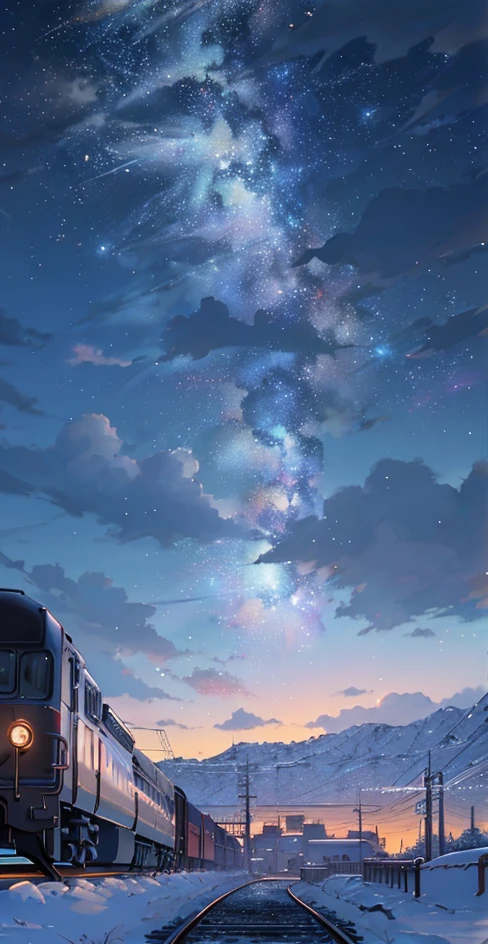 There is a train running along the tracks in the snow, Makoto Shinkai's concept art, tumblr, magic realism, beautiful anime scenes, cosmic sky. by makoto shinkai, ( ( makoto shinkai ) ), anime background art, anime backgrounds, Makoto Shinkai's style, anime movie backgrounds, galaxy express, no humans.