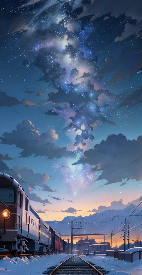 There is a train running along the tracks in the snow, Makoto Shinkai's concept art, tumblr, magic realism, beautiful anime scenes, cosmic sky. by makoto shinkai, ( ( makoto shinkai ) ), anime background art, anime backgrounds, Makoto Shinkai's style, anime movie backgrounds, galaxy express, no humans.