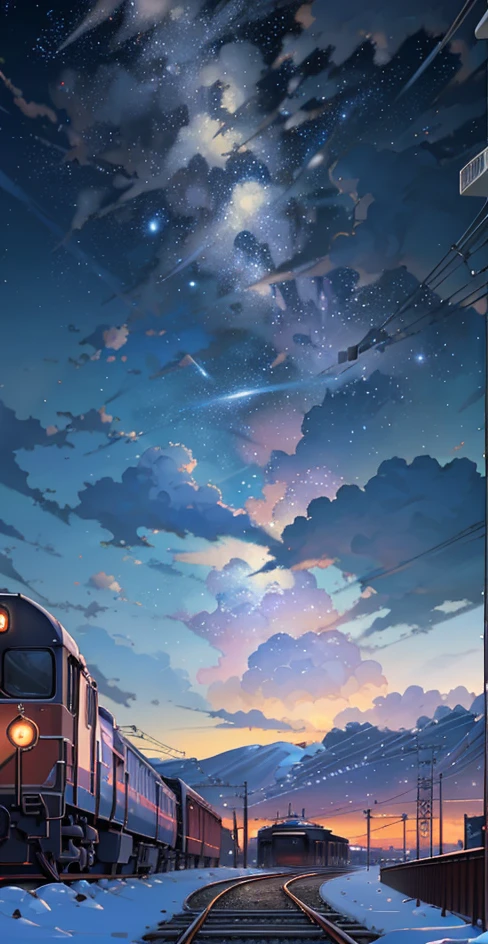 There is a train running along the tracks in the snow, Makoto Shinkai's concept art, tumblr, magic realism, beautiful anime scenes, cosmic sky. by makoto shinkai, ( ( makoto shinkai ) ), anime background art, anime backgrounds, Makoto Shinkai's style, anime movie backgrounds, galaxy express, no humans.