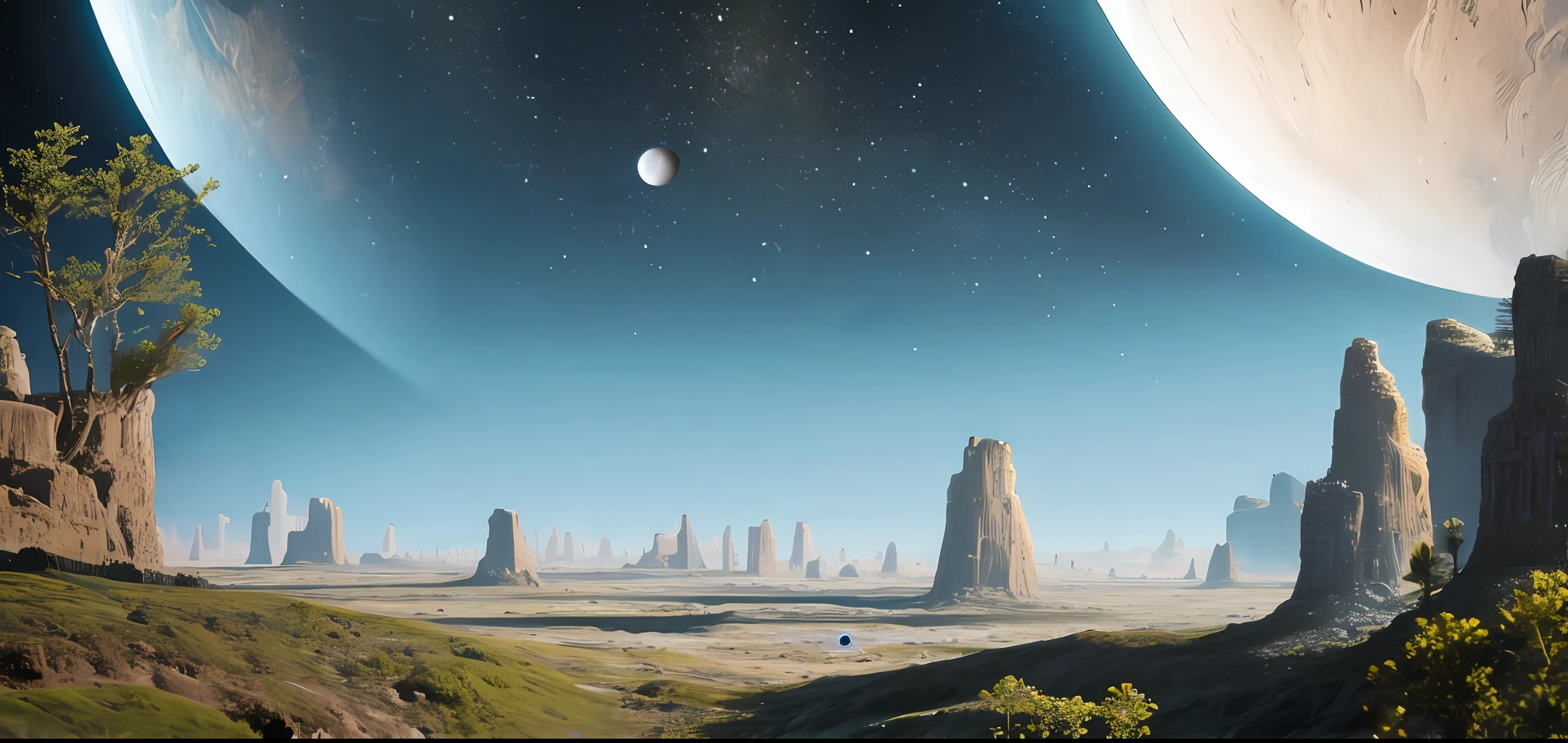 alien world with vivid plants, strange creatures, astronauts from earth exploring, realistic, cinematic, 8k