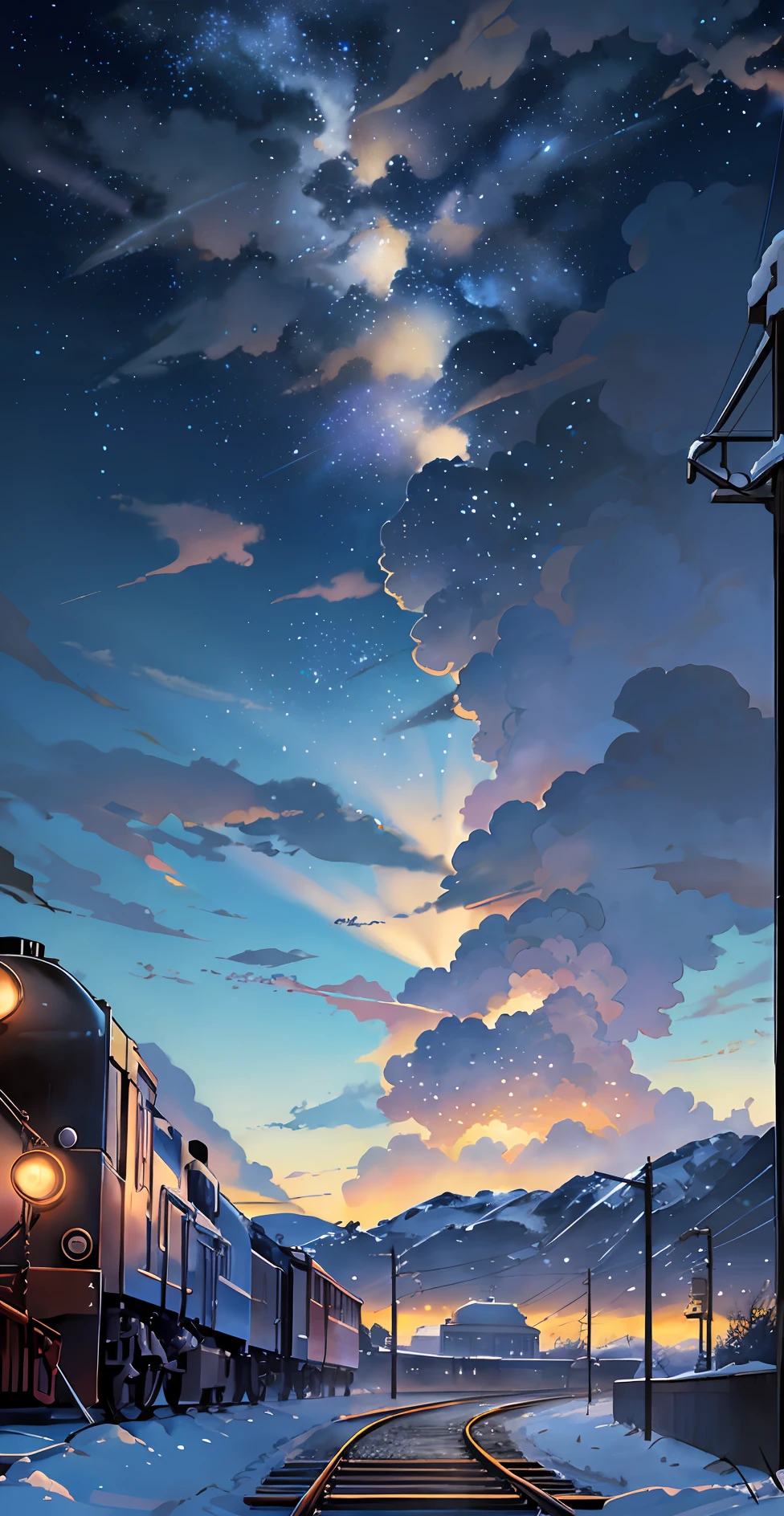 There is a train running along the tracks in the snow, Makoto Shinkai&#39;s concept art, tumblr, magic realism, beautiful anime scenes, cosmic sky. by makoto shinkai, ( ( makoto shinkai ) ), anime background art, anime backgrounds, Makoto Shinkai&#39;s style, anime movie backgrounds, galaxy express, no humans.