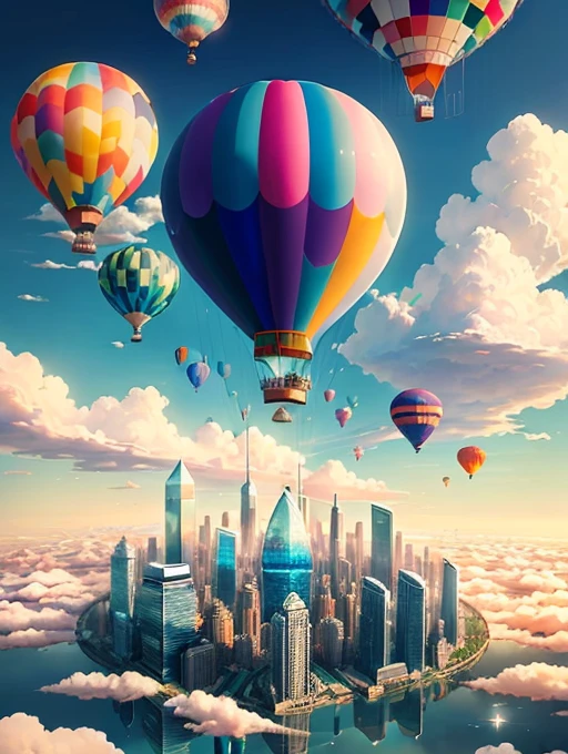 Imagine a city that hovers above the clouds, with buildings made of glass and steel that reflect the colors of the sky. The city may have bridges and walkways that connect the different buildings, and there may be hot air balloons or other floating objects in the sky. The painting could have a dreamy and serene atmosphere, with soft clouds and a pastel color palette.