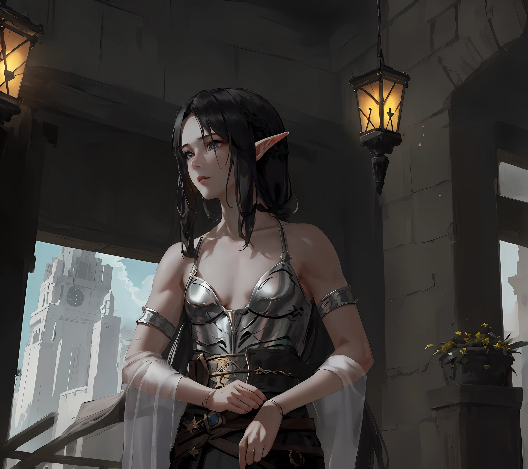 [hyper realistic:(unreal engine):realistic:,0.5,0.99], handsome 1 boy,(handsome face),(Sky), clouds (dark magic: 1.2), elf prince, mature, domineering,(muscular) knight Clothing, Oiled Skin, Upper Body, Looking at Viewer, Long Hair, Black Hair, (Volume Lighting), Atmospheric Perspective, Dust Particles, Light Shaft, (e_foxy: 0.7), m_wlop, (e_landscape: 0.7 )