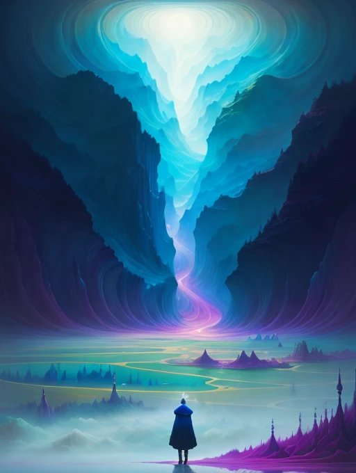 A painting of a person in a dream-like state, surrounded by a surreal and ethereal landscape.