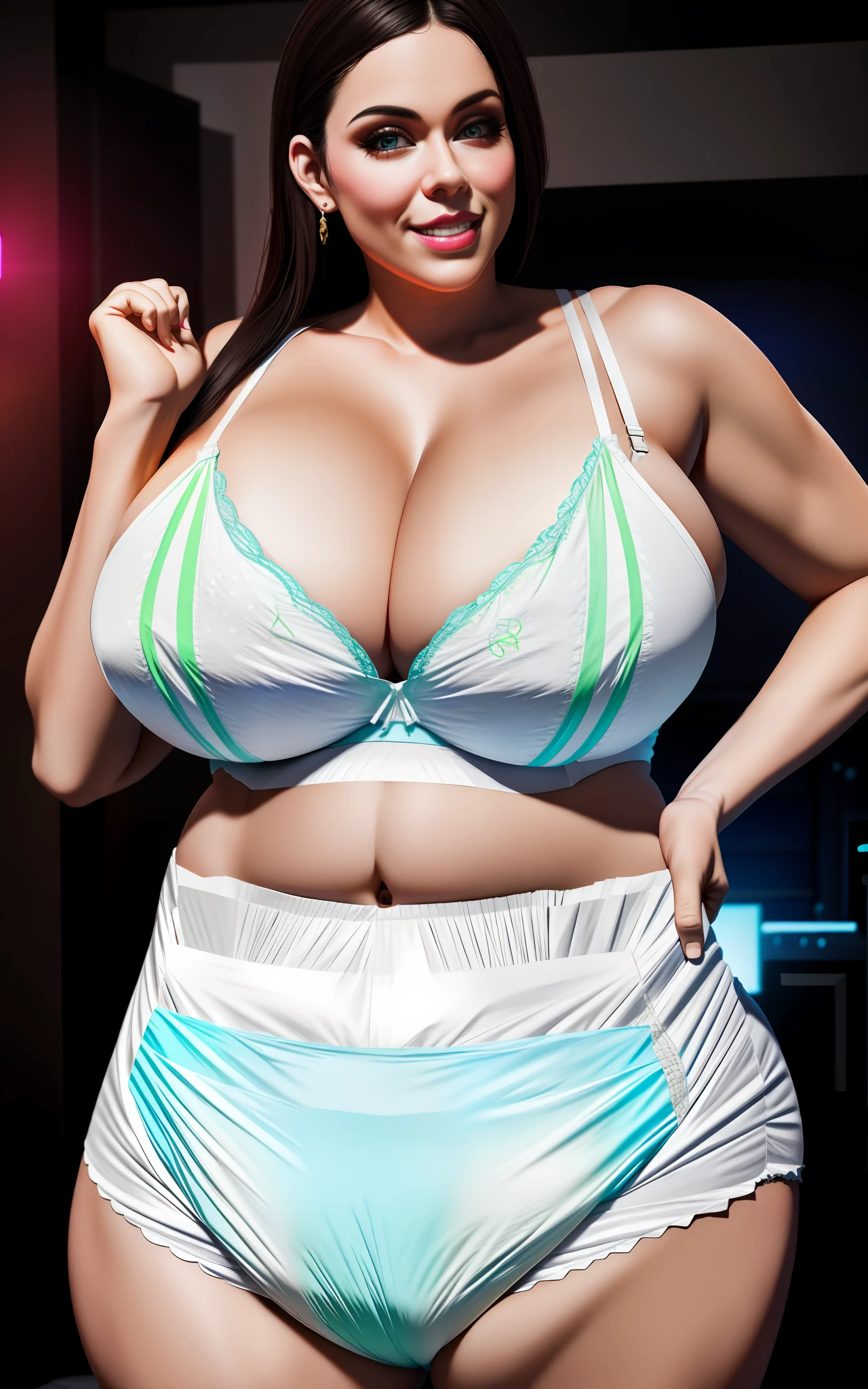 high quality, thick diaper, busty woman, detailed face, home theater, sexy bra, soft lighting, artistic rendering, colorful lighting