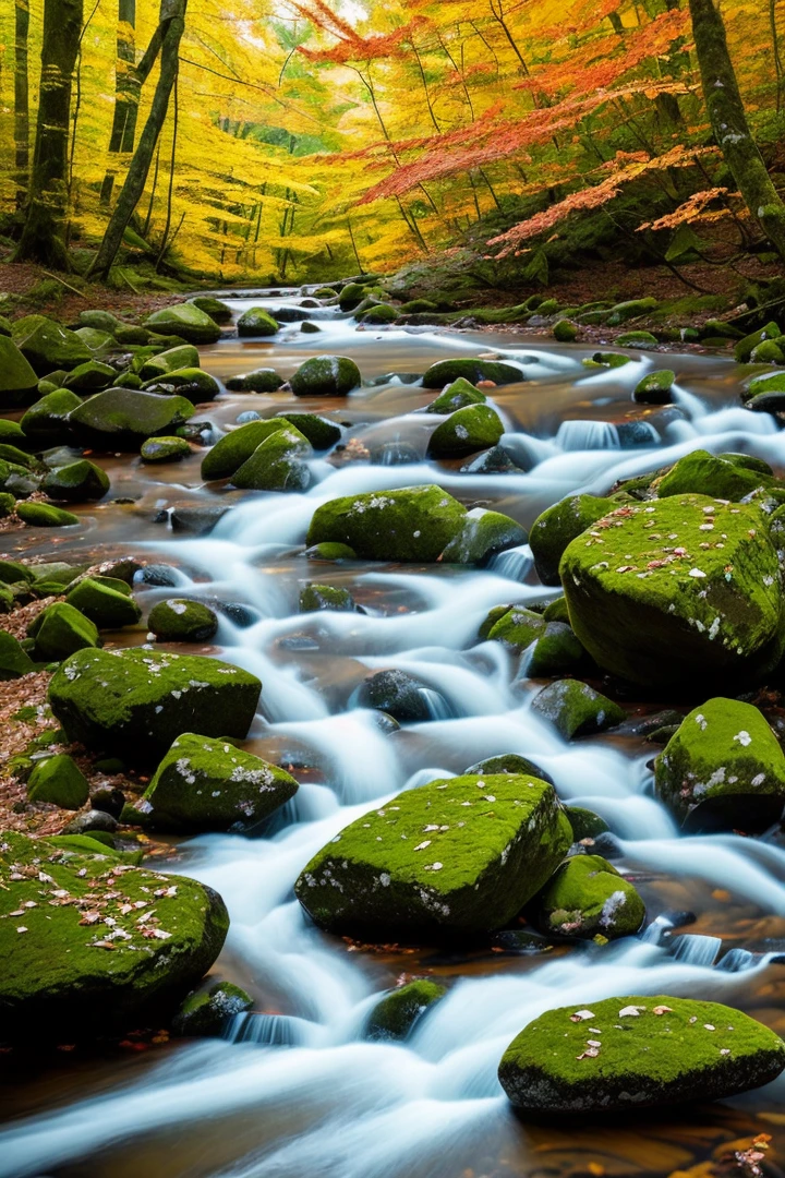 In the heart of a lush forest, a gentle stream merges with a raging river, creating a powerful force that cuts through the landscape. Amidst the calming sound of water and rustling leaves, a mystical spirit appears, emanating a beautiful light that illuminates the surrounding area. The spirit hovers above the water, with one hand delicately touching the surface, as if communing with the river's ancient energy. Its other hand is outstretched, as if beckoning the viewer to join in this otherworldly experience. The composition highlights the natural beauty of the forest, while the spirit adds an element of wonder and magic to the scene. The leaves on the trees are in various stages of fall, with vibrant reds and yellows creating a vibrant tapestry that contrasts with the deep greens of the forest. The details in the light effects create a sense of mystical ambiance, with the light scattering across the surface of the water, casting shadows on the river rocks below.