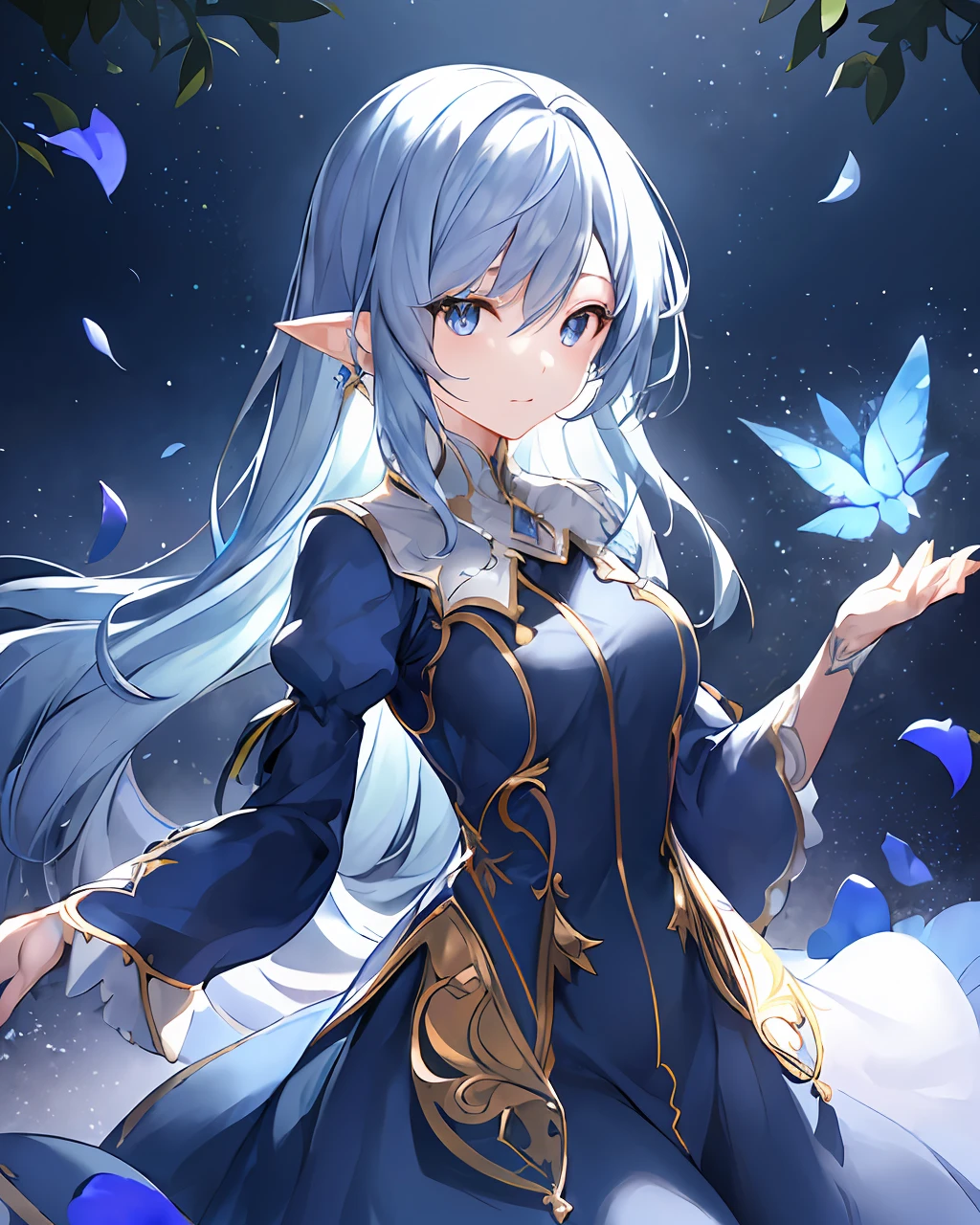 "A stunning girl with pointy ears wearing a beautiful dress with long sleeves looks directly at the viewer. The image features the best quality and ultra-detailed CG unity 8k wallpaper, perfect illumination, and delicate shadows resulting in a truly magnificent masterpiece. The floating girl is captured from a dynamic angle, and the scene is set against a backdrop of a vivid and colorful forest with depth-of-field effects that highlight blue splashes, glorious petals, rustling leaves, and swaying grasslands. Volumetric light creates a magical atmosphere, perfectly blending with the girl's hair ornament and enhancing the overall beauty of the image."