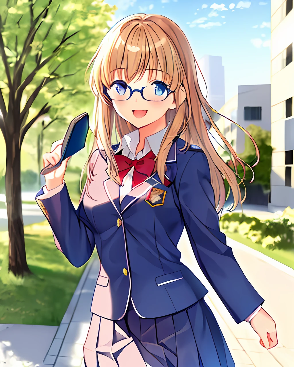 girl, medium breasts, school uniform, glasses, smile, happy, cute, outdoor, day