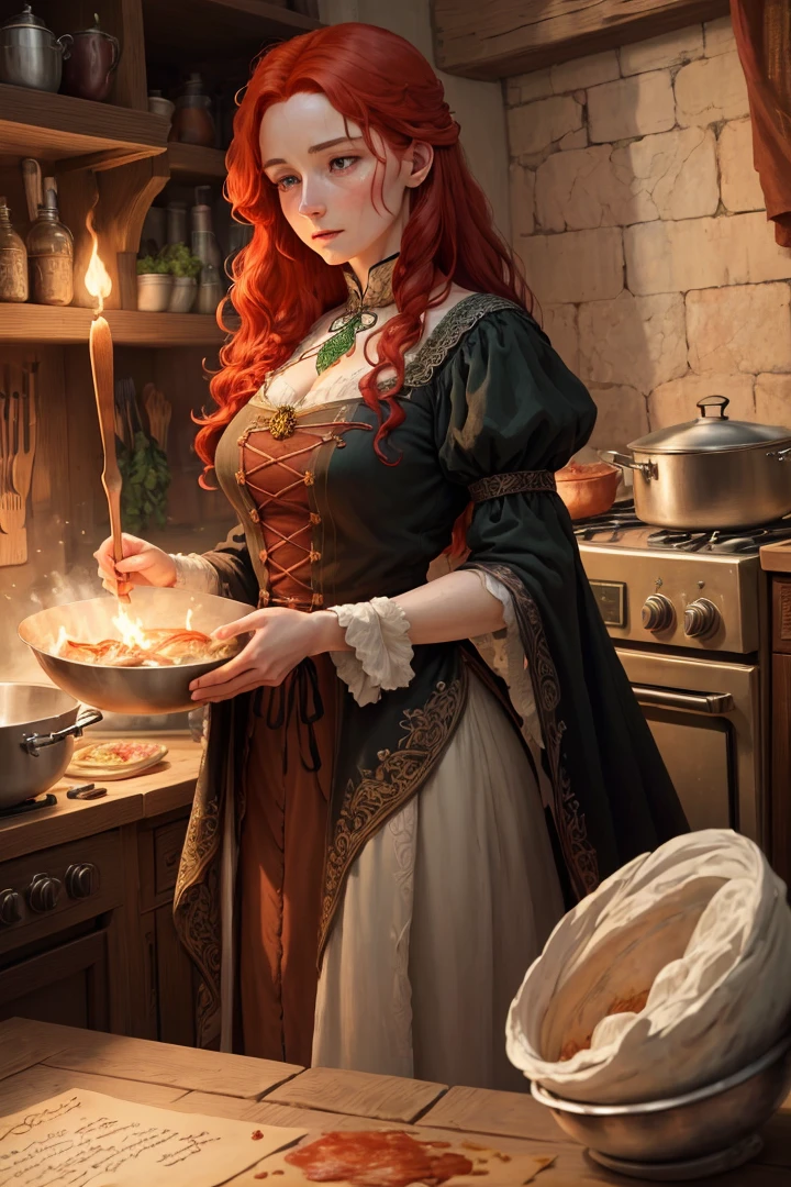 celtic witch, masterpiece, best quality, an extremely delicate and beautiful witch,an extremely delicate and beautiful, world masterpiece theater, ultra-detailed, highly detailed, best quality, red hair, highres, extremely detailed,1girl, best quality, illustration, cooking at dinner, impasto, canvas, magic sign, realistic, realist ,real, cooking,