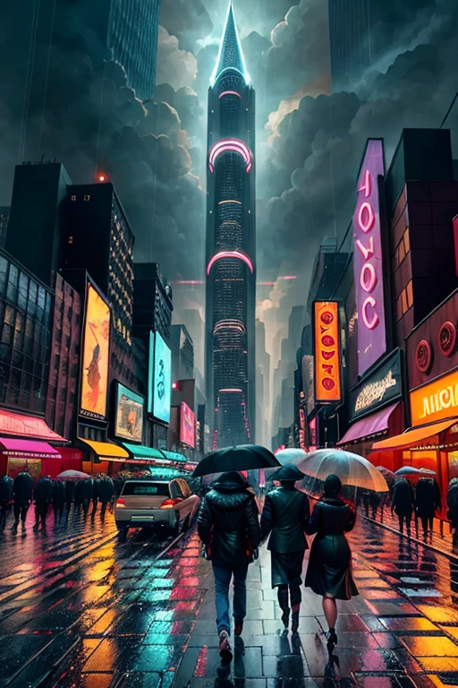 Create an image that depicts a bustling metropolis of the future, with an atmosphere that evokes the classic sci-fi film Blade Runner. The cityscape is bathed in the warm glow of neon lights, with towering skyscrapers looming in the background. The ground is slick with rain, which falls in thick sheets, distorting the reflections of the city lights in the puddles. The viewer is positioned at street level, surrounded by the throngs of people who populate this bustling urban landscape. They move through the city with purpose, their forms blurred by the rain, but their colorful clothing and illuminated umbrellas lending a vibrant energy to the scene. The architecture is a fusion of sleek, futuristic design and classic Art Deco elements, with the glowing signs and massive billboards competing for attention against the towering buildings. The overall effect is both exciting and slightly menacing, a vision of a world in which technology and humanity are inextricably intertwined. Use an aspect ratio of 16:9 to create a wide frame that emphasizes the grandeur of the city's architecture