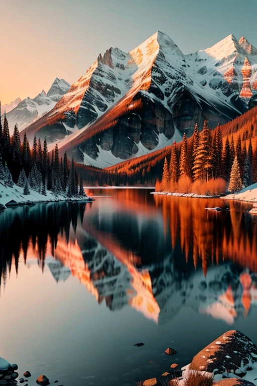 Create a stunning landscape painting depicting a majestic mountain range at sunset. The warm and inviting color palette features hues of orange, yellow, and red that seamlessly blend into the rich blue tones of the sky. The medium used is oil on canvas, allowing for an intricate level of detail and texture to be captured in the composition. The mountains are grand and imposing, dominating the background of the scene, while the beautiful lake in the foreground serves as a peaceful and reflective focal point. The dense forest surrounding the lake adds a sense of mystery and intrigue, with intricate textures and patterns in the foliage that draw the viewer in. The lighting and shadows are masterfully rendered, with the warm glow of the setting sun casting long shadows across the landscape, and highlighting the intricate details of the mountain peaks. The overall mood of the painting is one of awe and wonder, as the viewer is transported to a world of breathtaking natural beauty. The environment is serene and peaceful, with a sense of stillness and tranquility that is perfectly captured. The perspective is from a high vantage point, allowing for a sweeping view of the entire scene. The depth of field is expertly handled, with the foreground, midground, and background all in sharp focus. The textures are intricate and detailed, with the rocky mountain peaks and the smooth surface of the lake expertly rendered. The scale and proportions are perfectly balanced, with the mountains towering above the other elements of the scene. The foreground features intricate details, such as the rocks and foliage along the edge of the lake, that add depth and interest to the composition. The midground features the vast expanse of the lake, with its reflective surface adding a sense of depth to the scene. The background features the grandeur of the mountain range, with intricate details and textures that capture the essence of the natural world. The weather is clear and calm, with a gentl
